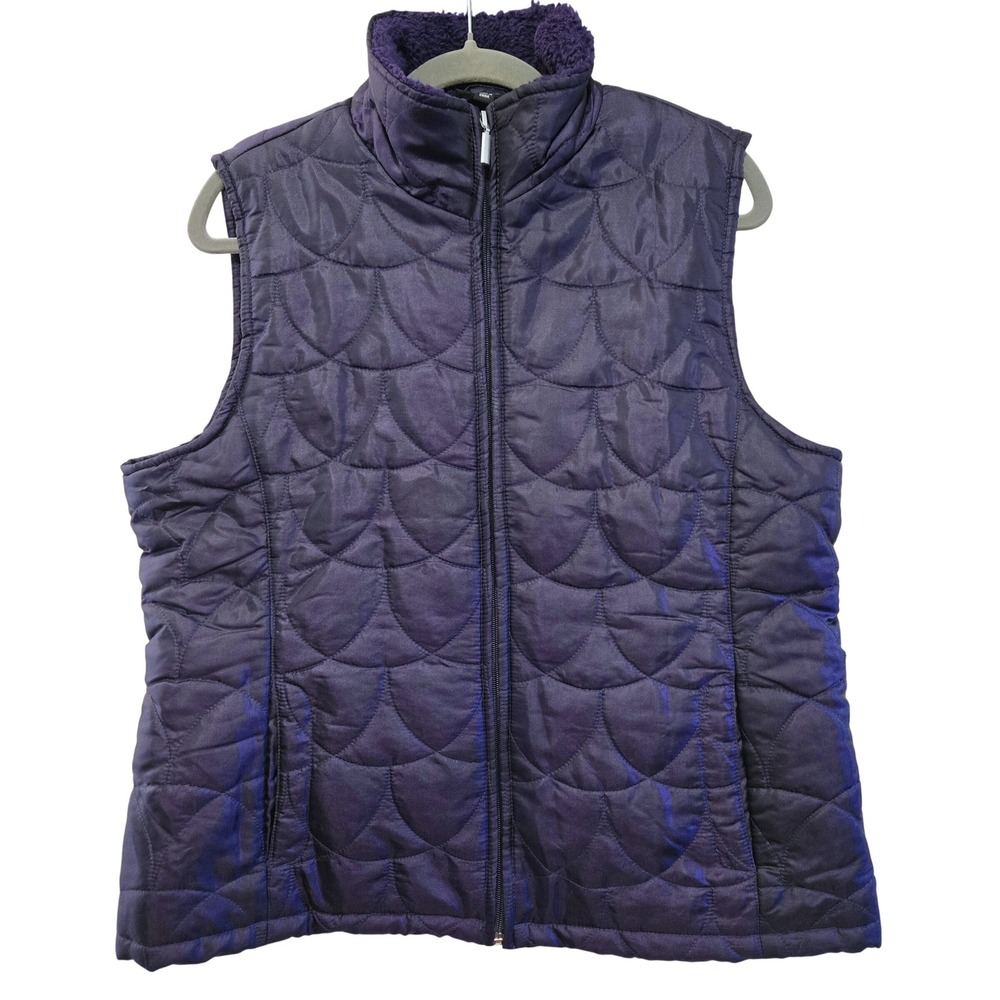 Jane Ashley Purple Quilted Vest Scallop Stitch Faux Shearling Lining‎ Womens L